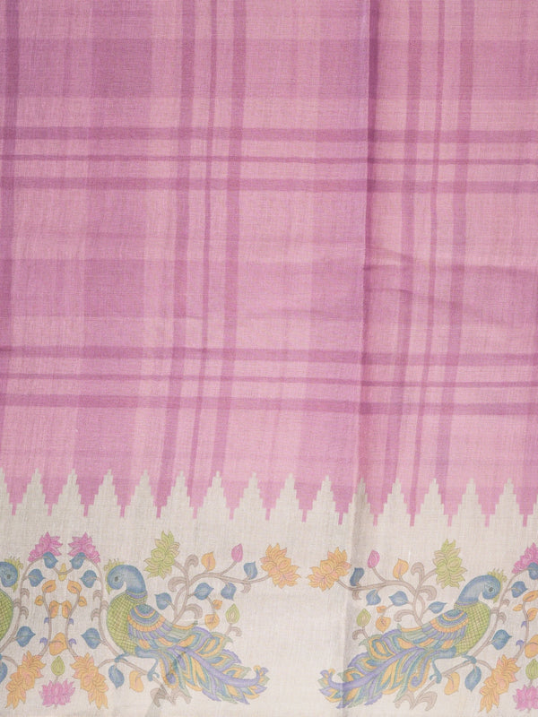 Pink and cream linen cotton saree with checked body, temple border and Kalamkari peacock pallu
