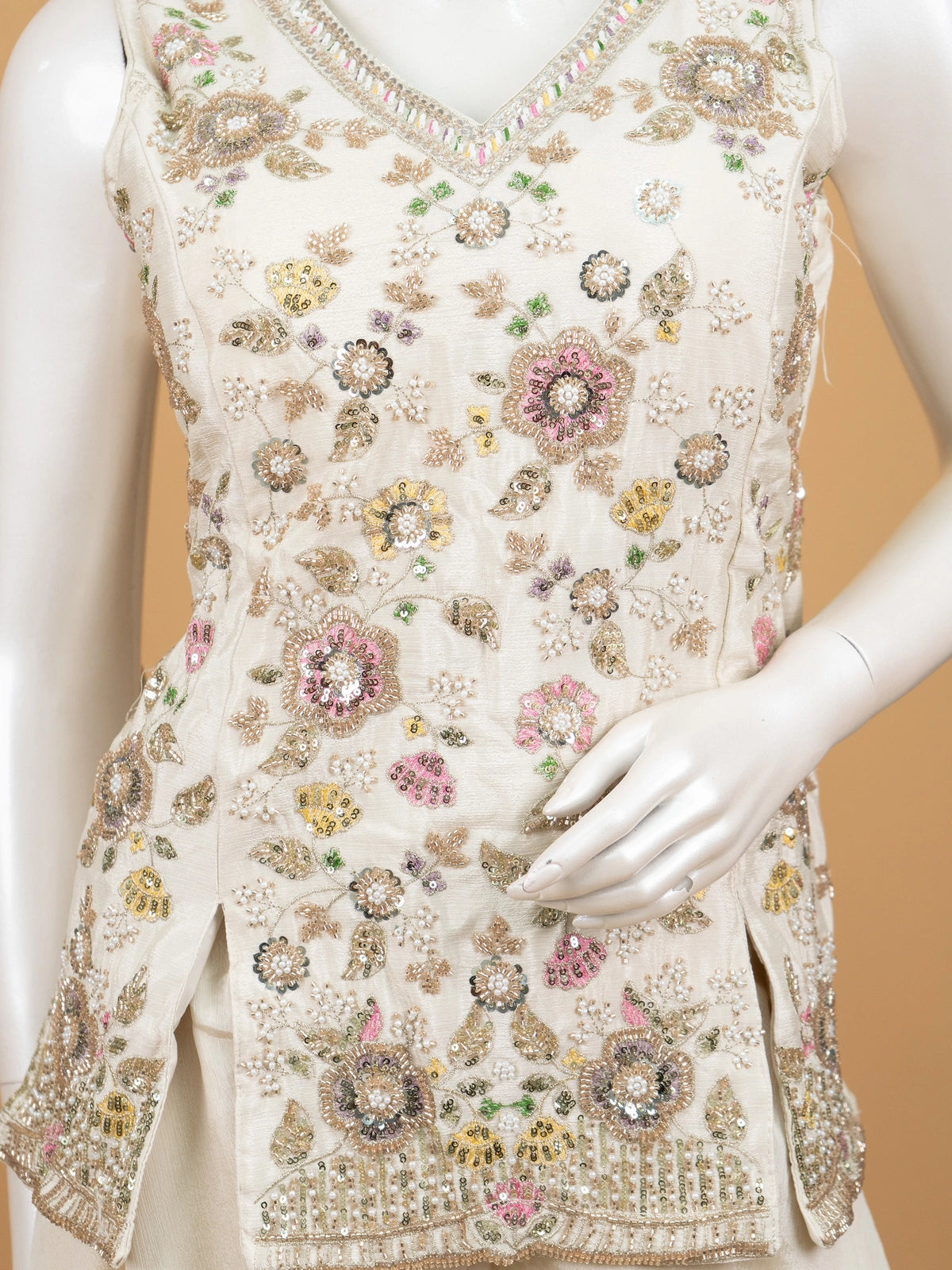 Ivory floral embroidered art silk straight cut kurti set with palazzo pants and sequin dupatta