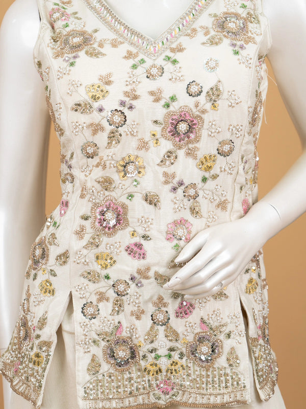 Ivory floral embroidered art silk straight cut kurti set with palazzo pants and sequin dupatta