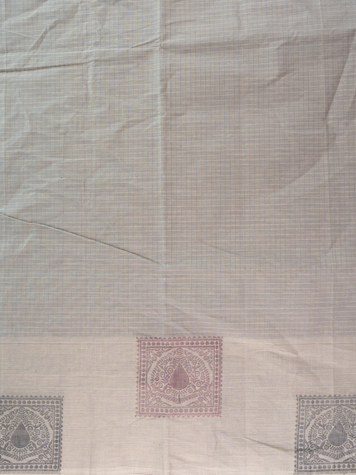 Grey silk cotton saree with fine checks and contrast mauve woven paisley border and pallu