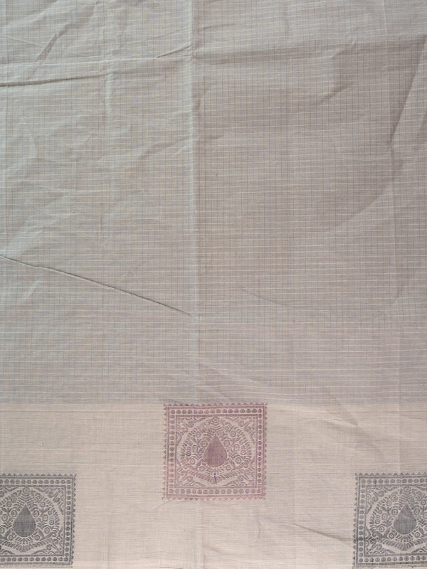 Grey silk cotton saree with fine checks and contrast mauve woven paisley border and pallu