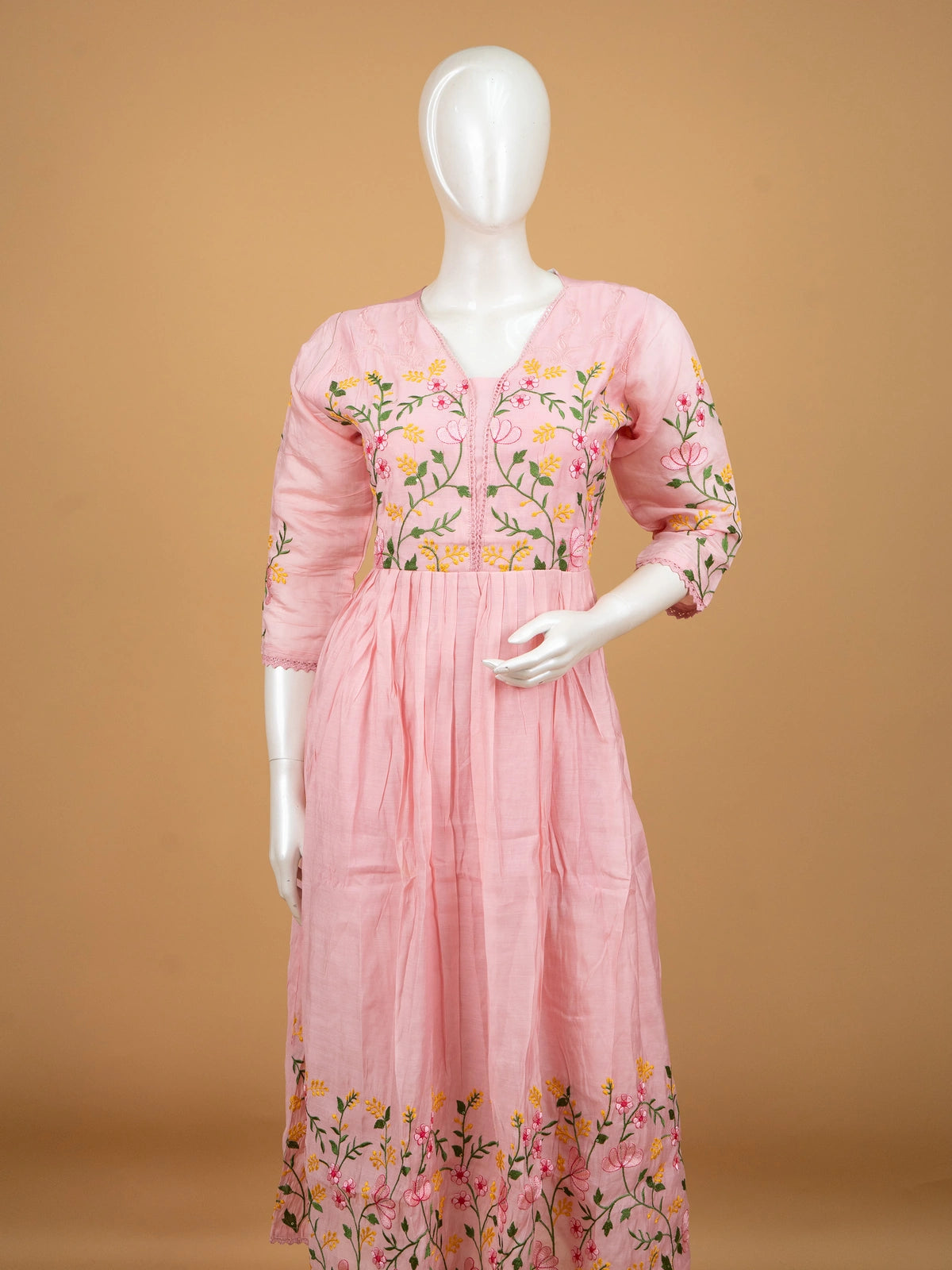 Pink floral embroidered cotton Anarkali kurti set with matching dupatta and pants