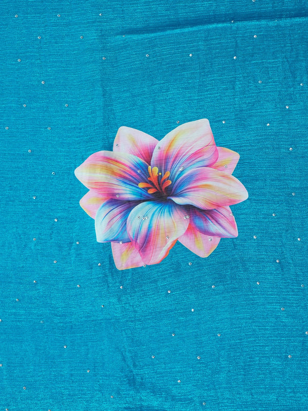Teal blue designer art silk saree with multicolour floral prints and stone-work scalloped border