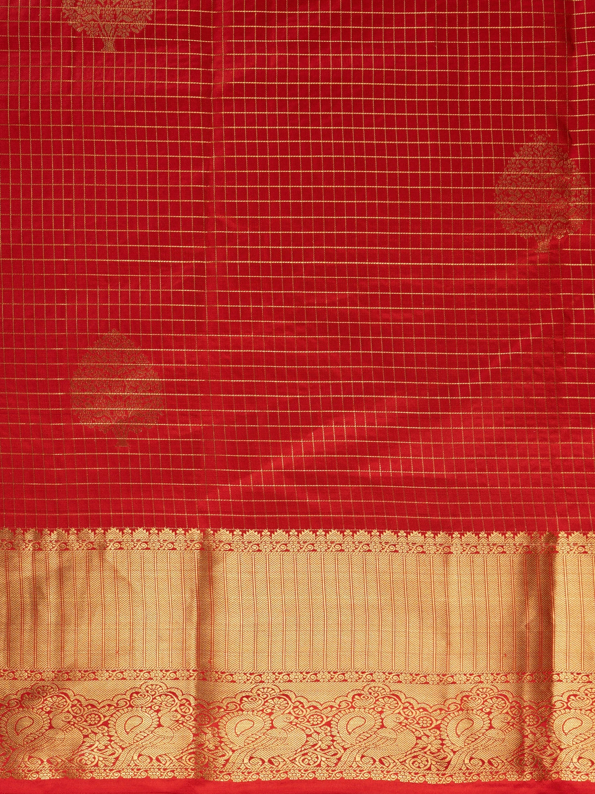 Red pure Kanchipuram silk saree with gold zari checks and contrast gold zari border