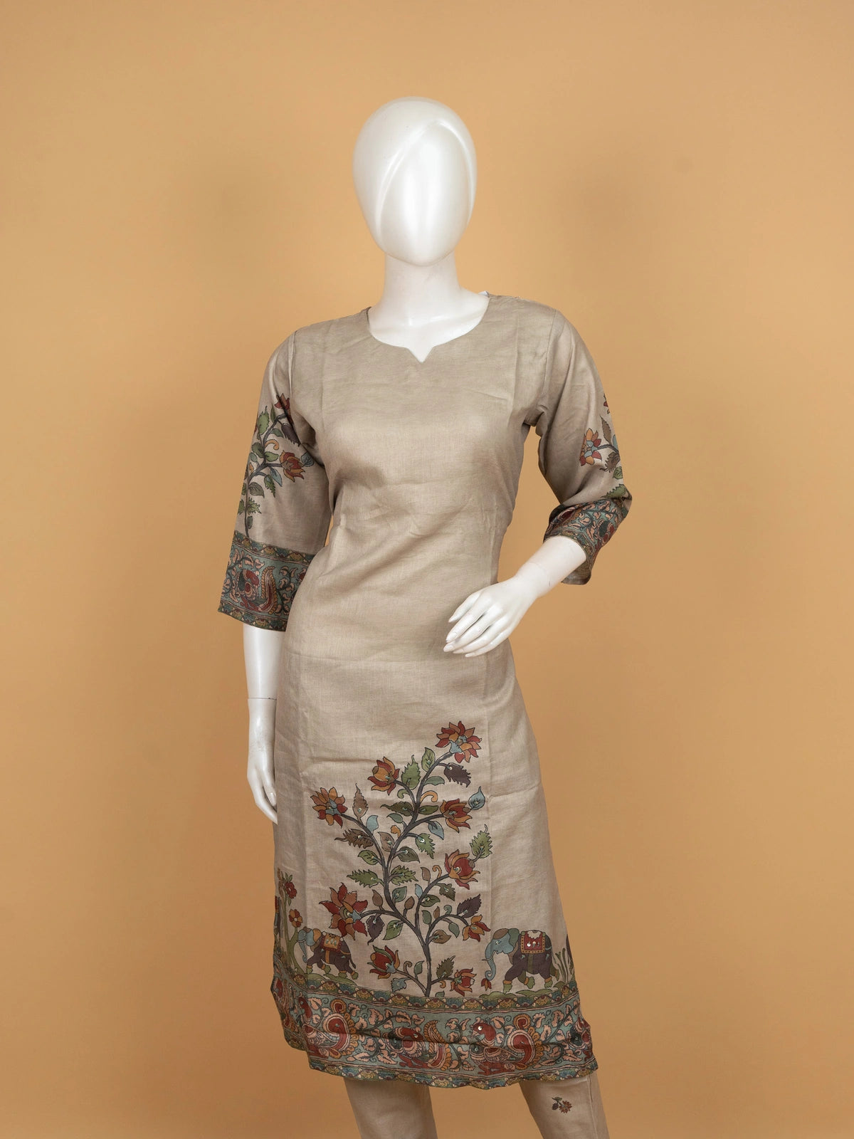 Beige Kalamkari printed cotton straight cut kurti set with multicolour peacock print dupatta
