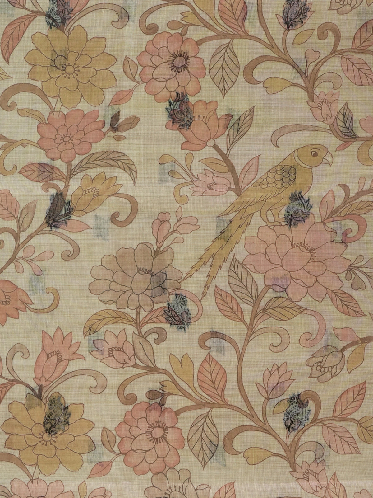 Beige linen cotton saree with Kalamkari floral print, parrot motifs and grey elephant pallu