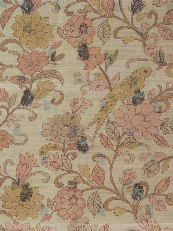 Beige linen cotton saree with Kalamkari floral print, parrot motifs and grey elephant pallu