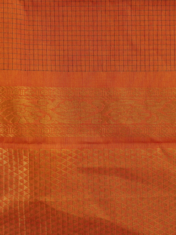 Orange Chettinad cotton saree with fine checks and contrast maroon gold zari border