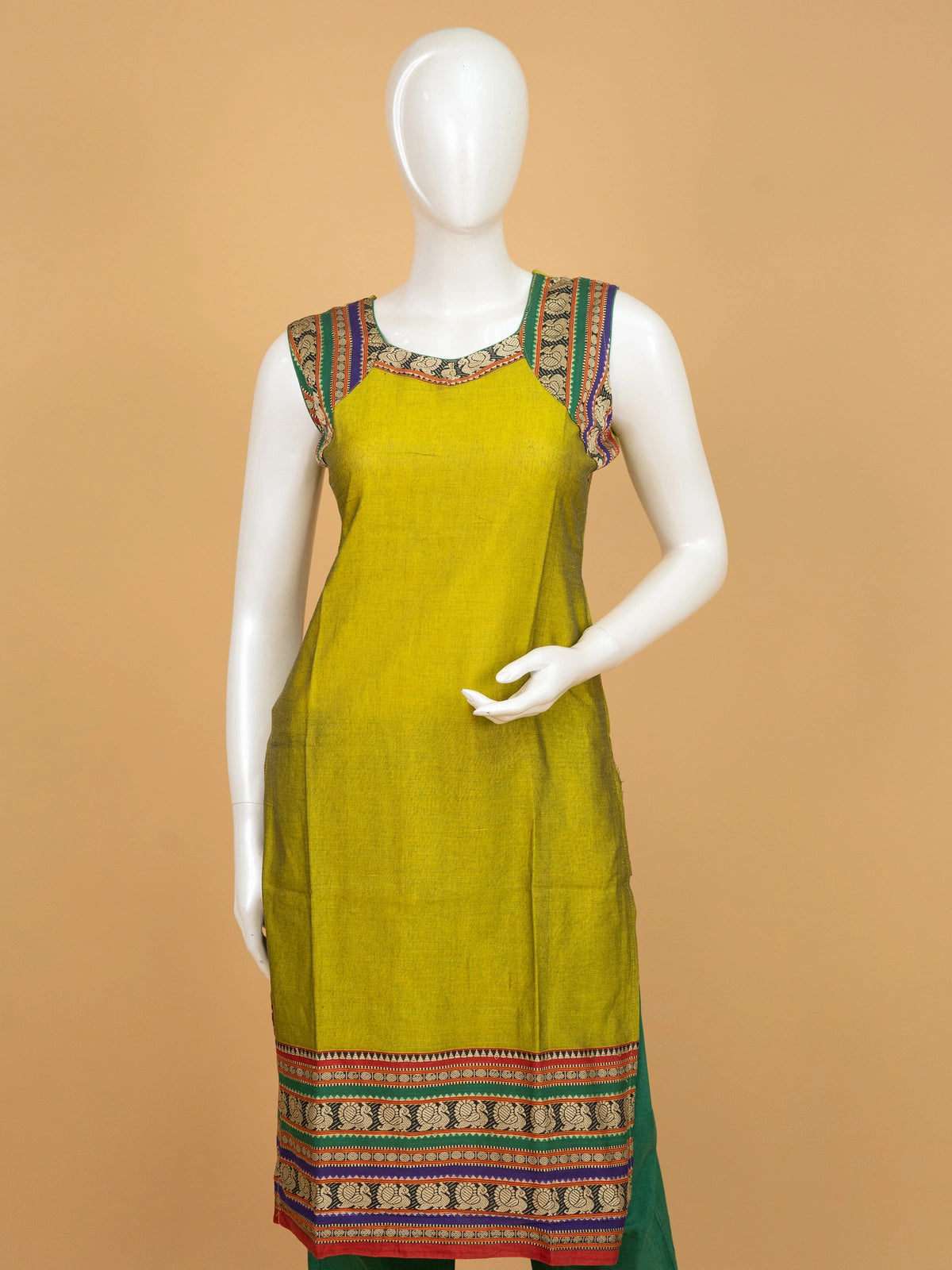 Mehndi green cotton straight cut kurti set with woven peacock border and matching dupatta
