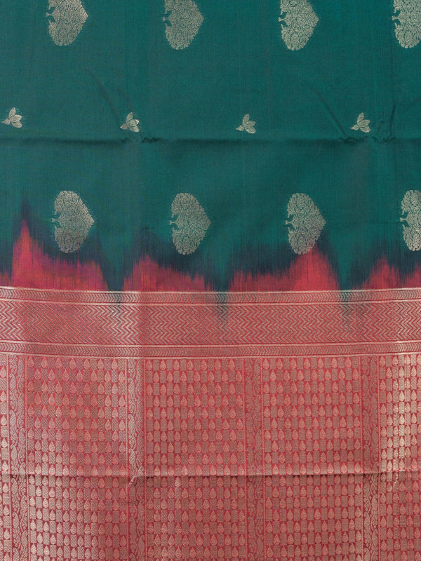 Bottle green semi silk saree with contrast maroon gold zari border and buttas