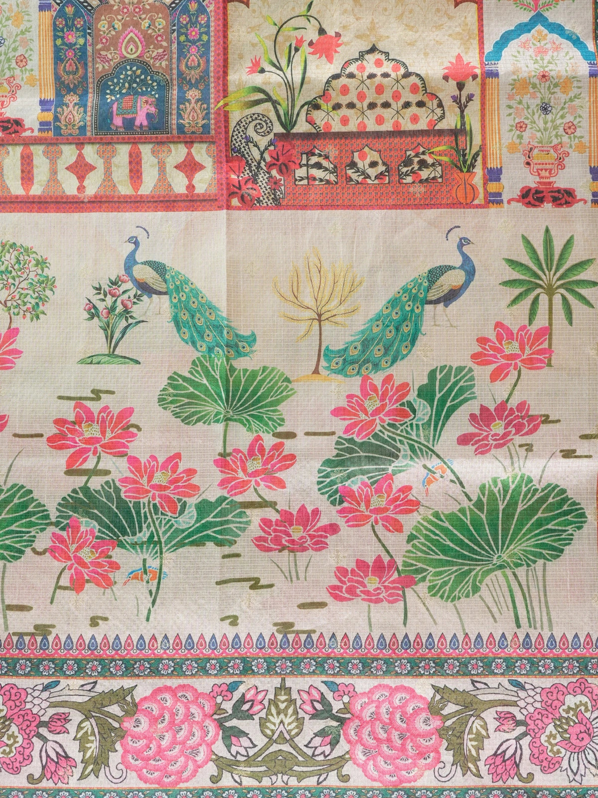 Cream semi tussar saree with pink floral Mughal garden print, peacock and lotus motifs and gold zari border
