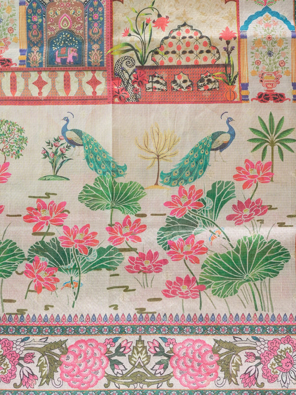 Cream semi tussar saree with pink floral Mughal garden print, peacock and lotus motifs and gold zari border