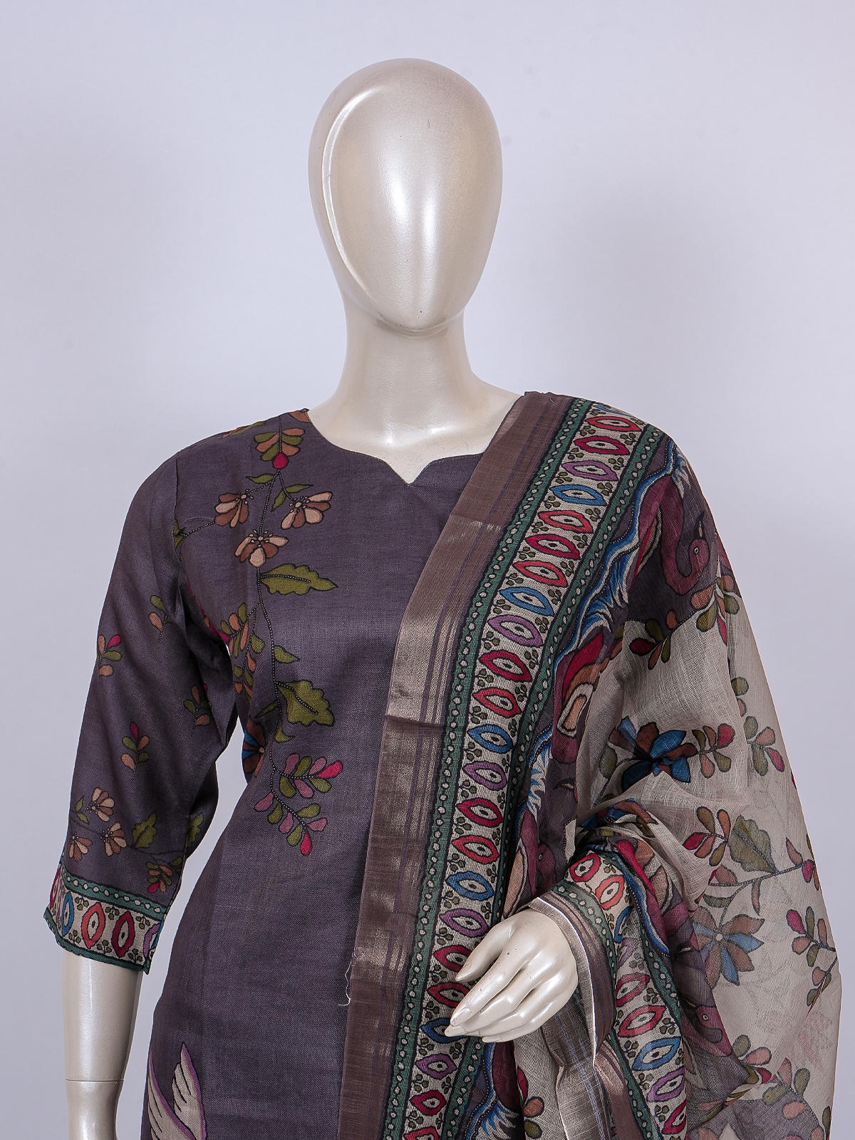 Mauve Kalamkari print straight kurti set with beige peacock print contrast dupatta and matching pants