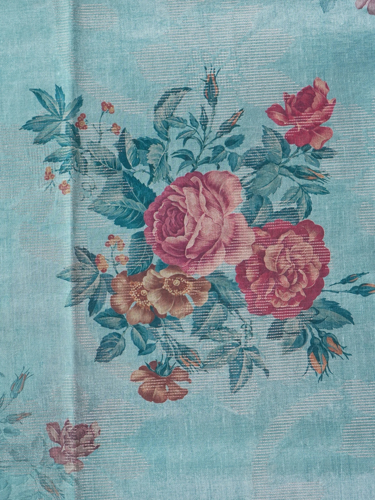 Sky blue semi tussar saree with pink rose floral print and silver zari border