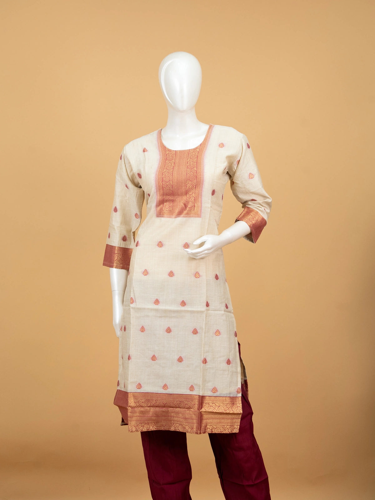 Cream cotton silk zari woven straight cut kurti set with maroon pants and pink zari dupatta
