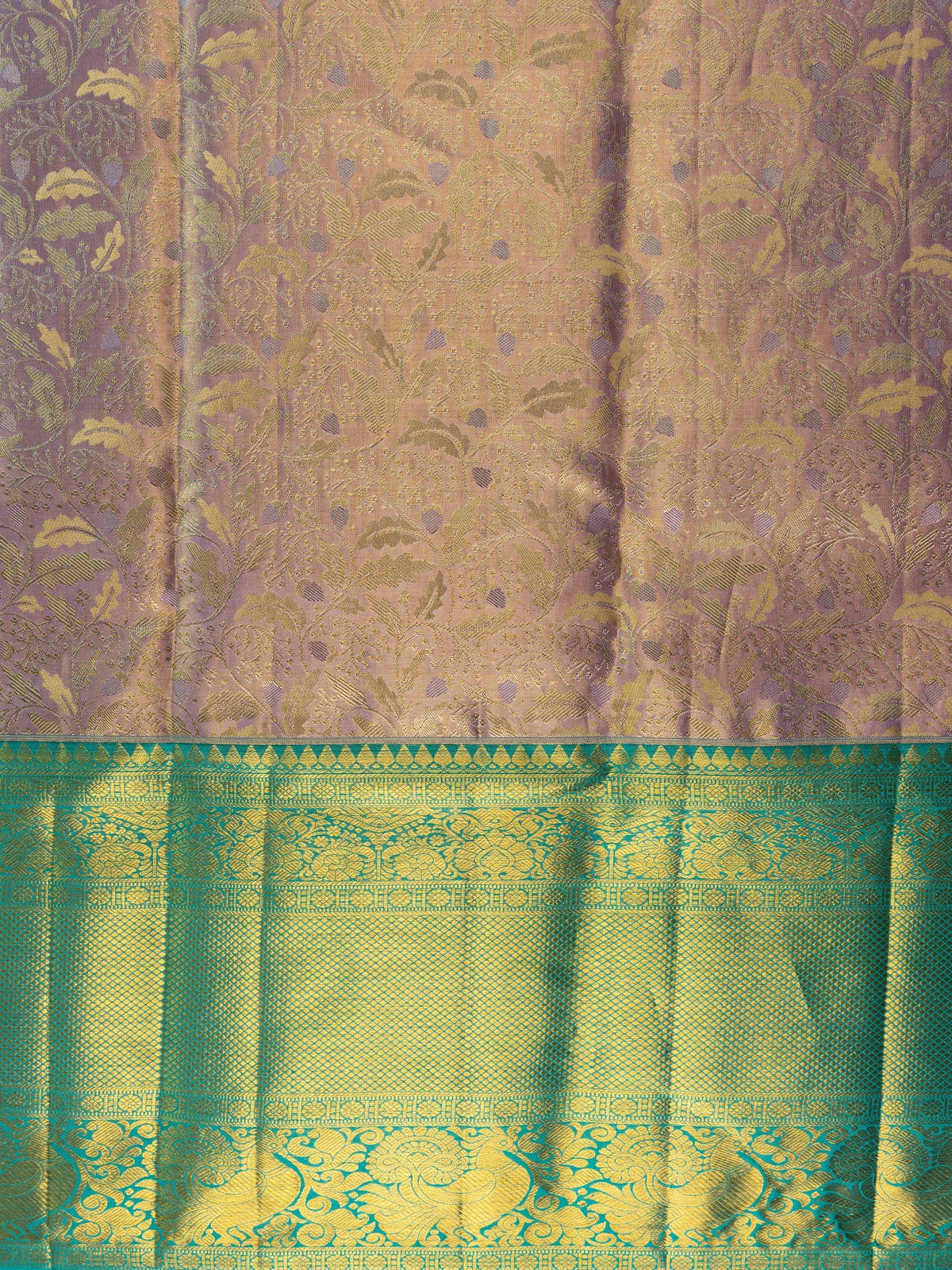 Lavender pure Kanchipuram silk saree with gold zari floral brocade and contrast teal-green gold border