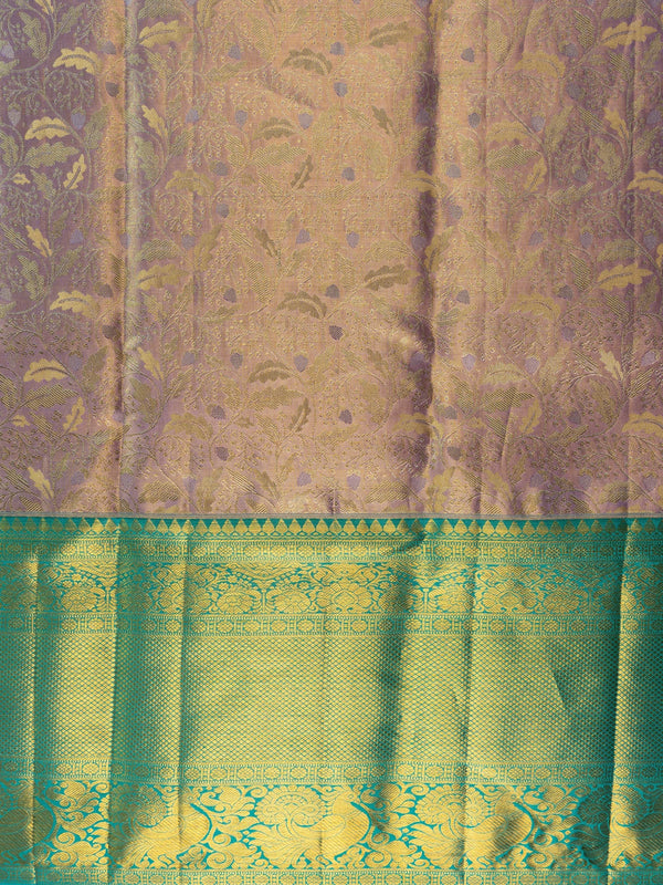 Lavender pure Kanchipuram silk saree with gold zari floral brocade and contrast teal-green gold border