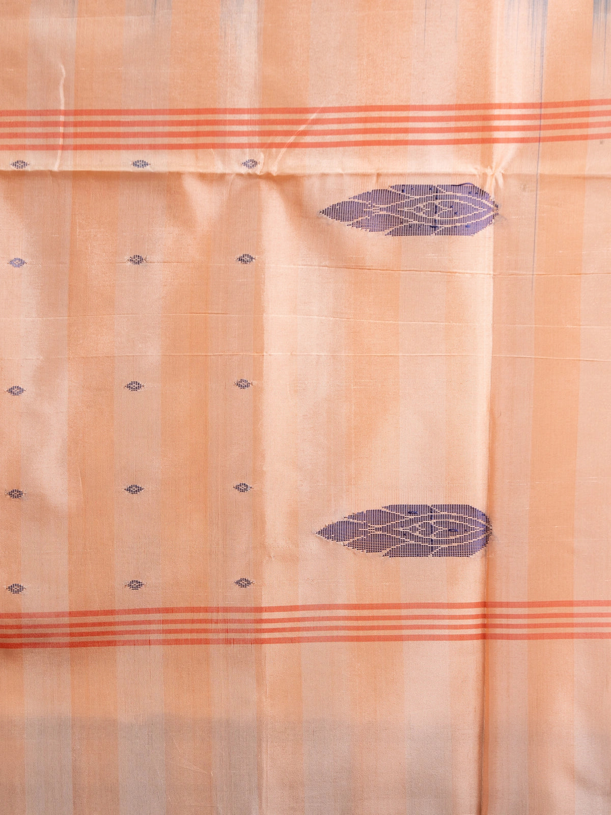 Teal blue and peach checked banana silk saree with contrast peach pallu and woven leaf motifs