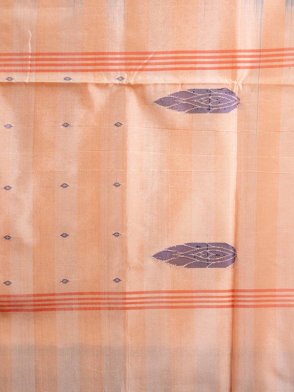 Teal blue and peach checked banana silk saree with contrast peach pallu and woven leaf motifs