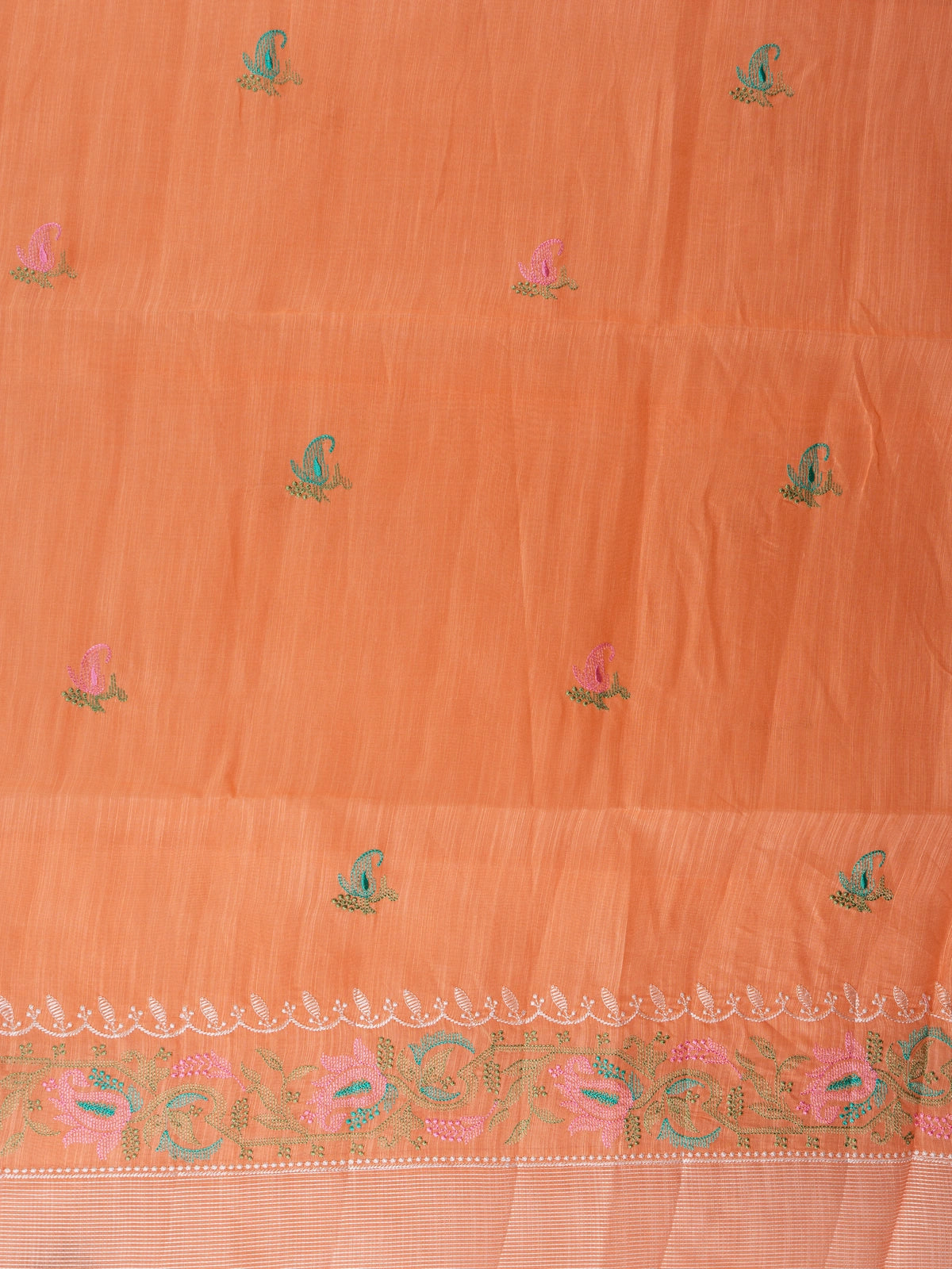 Orange linen cotton saree with silver zari border, paisley embroidery and contrast yellow blouse