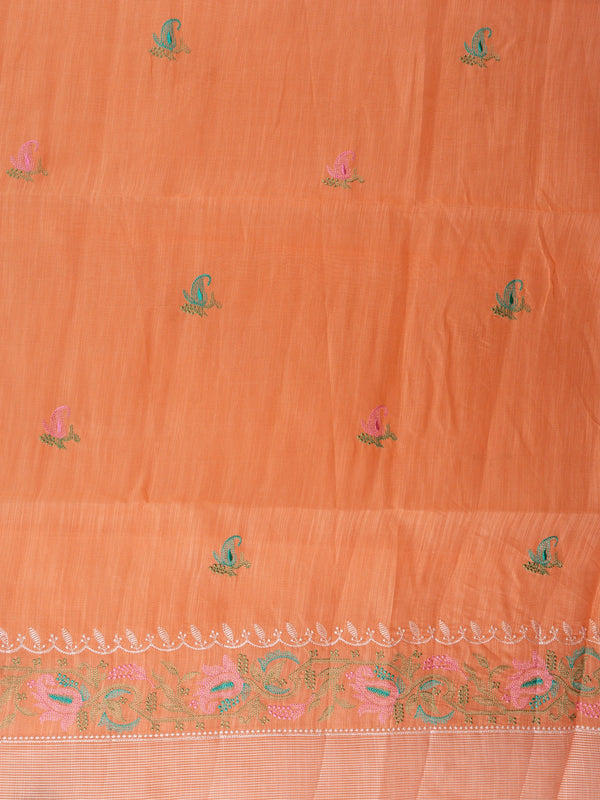 Orange linen cotton saree with silver zari border, paisley embroidery and contrast yellow blouse