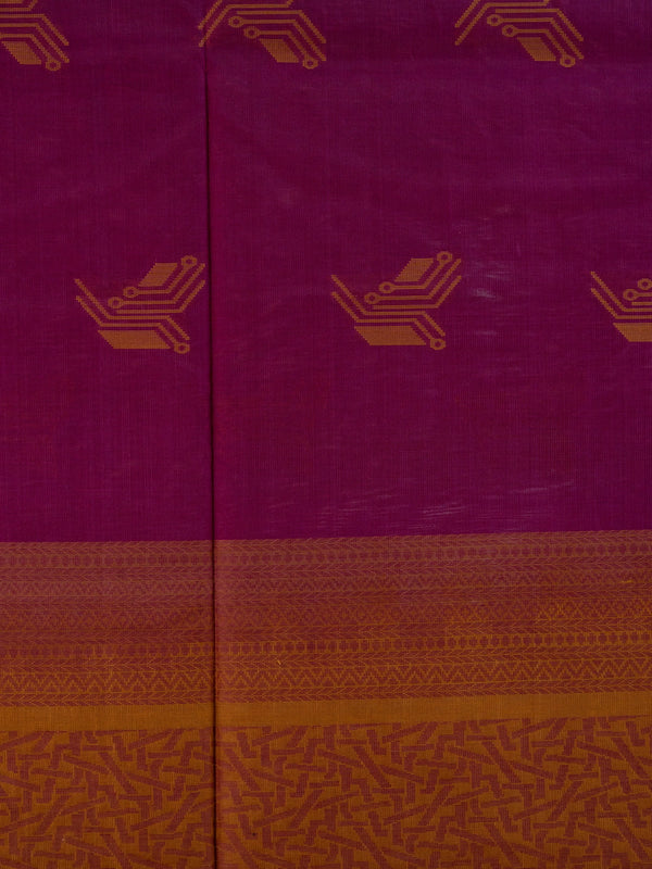 Magenta purple pure silk cotton saree with contrast mustard border, geometric gold buttas and tasselled pallu