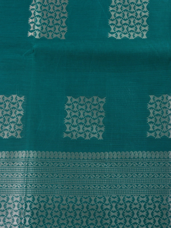 Teal green silk cotton saree with silver zari butta and contrast maroon border