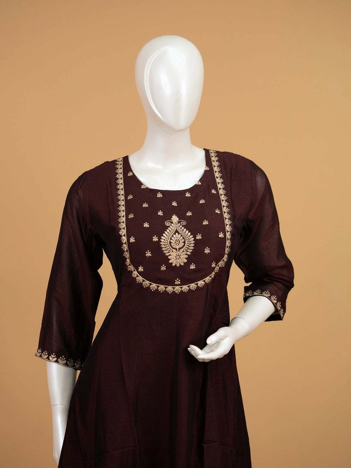 Wine art silk Anarkali kurti set with gold zari embroidered yoke and matching dupatta
