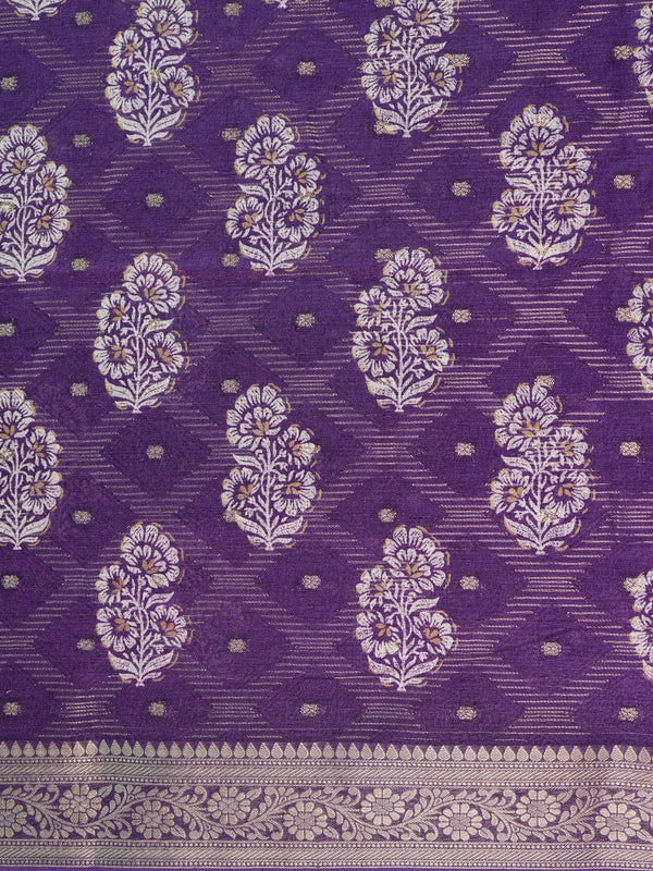 Purple art silk designer saree with white and gold floral buttas and zari border