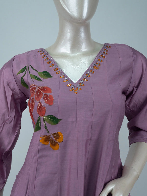 Lilac hand-painted floral Anarkali kurti set with mirror-work neckline and matching dupatta