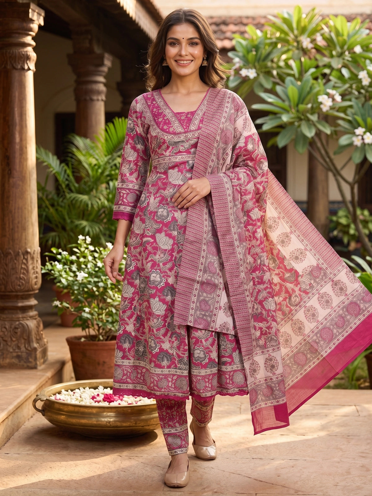 Pink Floral Cotton Umbrella Kurti  Set with Dupatta