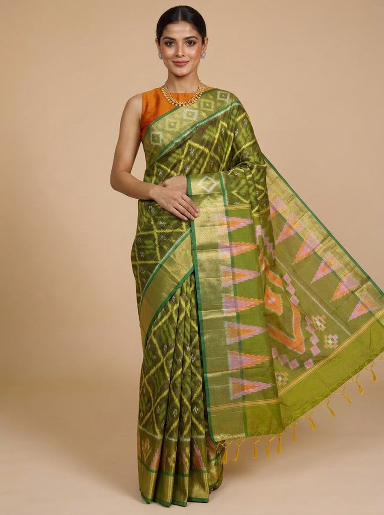 Olive Green with Light Green - Pochampalli Cotton Saree