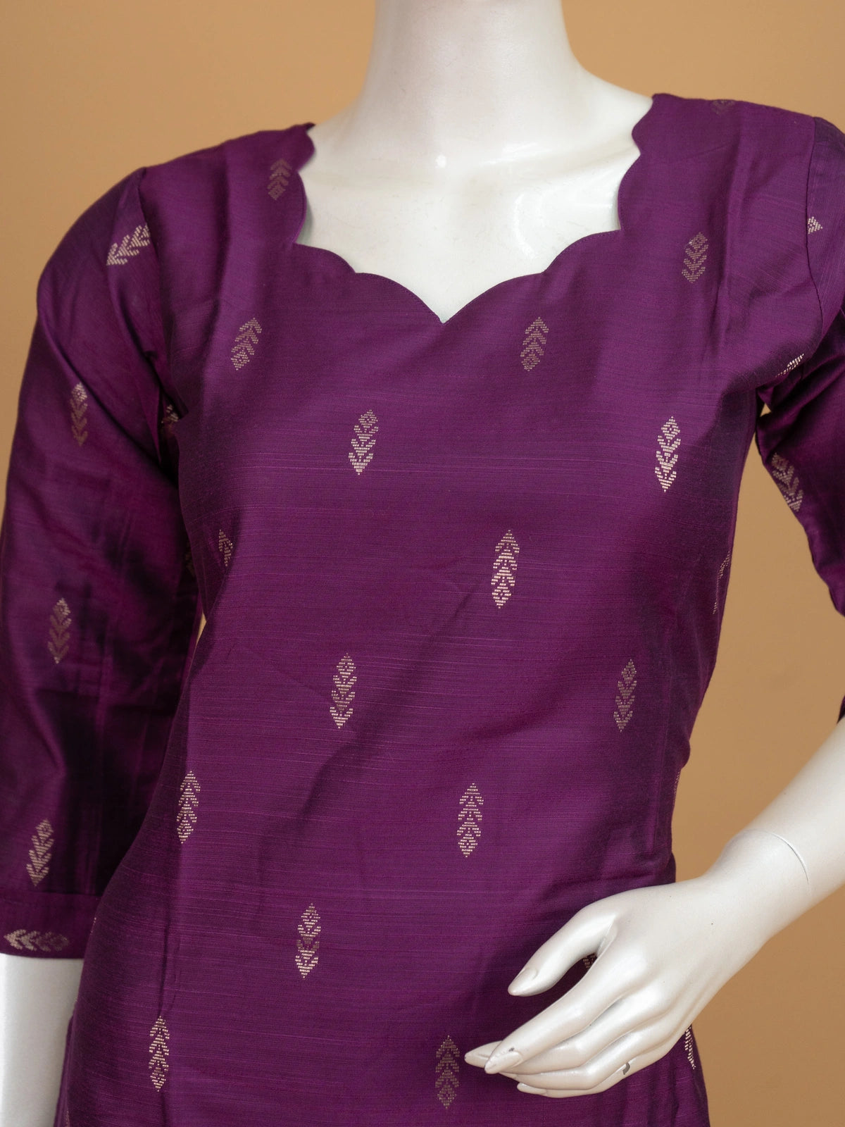 Purple art silk straight cut kurti set with gold zari buti motifs and teal dupatta