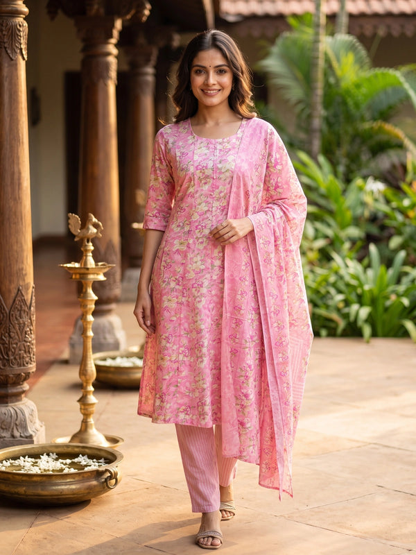 Pink floral cotton A-line kurti set with matching dupatta and striped pants