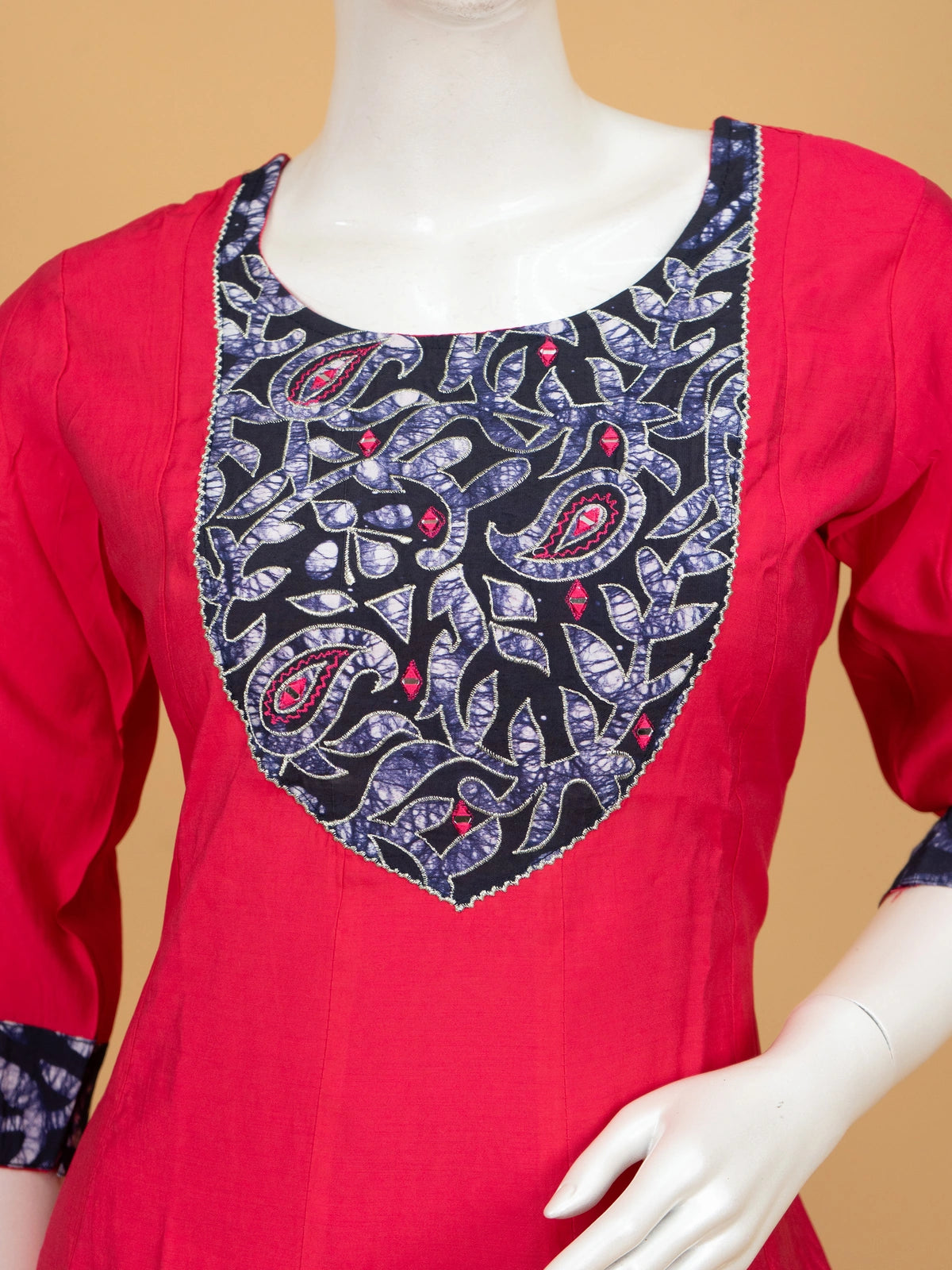Red cotton A-line kurti set with navy batik embroidered yoke and black batik dupatta