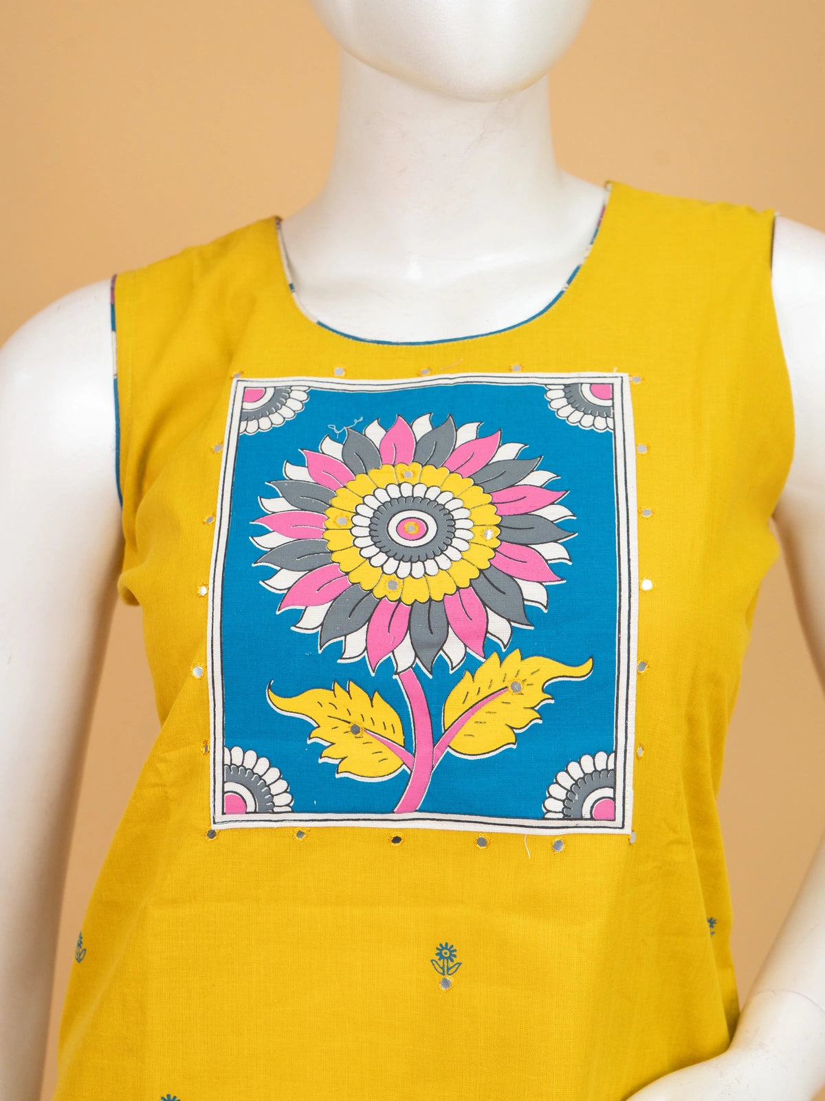 Mustard Yellow cotton straight cut kurti set with Kalamkari floral print yoke, teal printed pants and matching dupatta