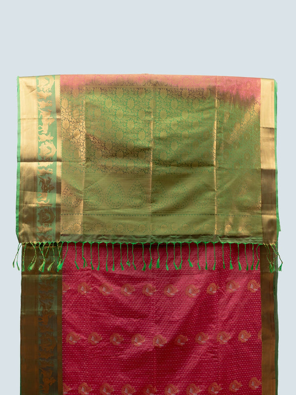 Rose pink Vaira Oosi design semi silk saree with contrast green and gold zari border and brocade pallu