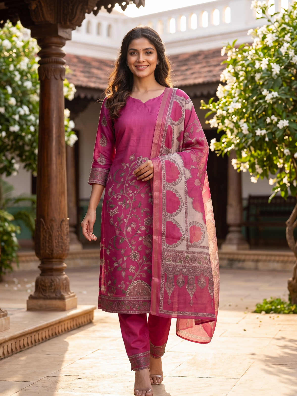 Rani Pink Kalamkari Printed Straight Cut Kurti Set with Dupatta