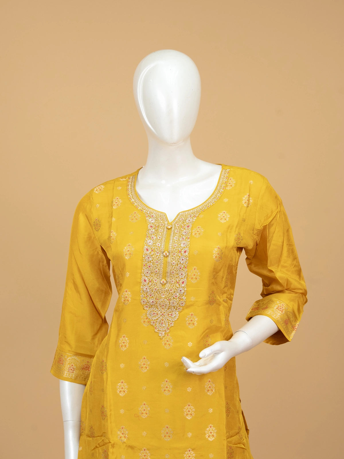 Mustard yellow zari woven silk straight cut kurti set with red woven dupatta and matching straight pants