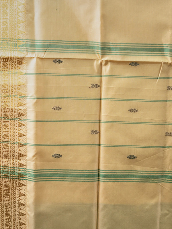 Green BanCream Banana Silk saree with gold zari border and buta mot