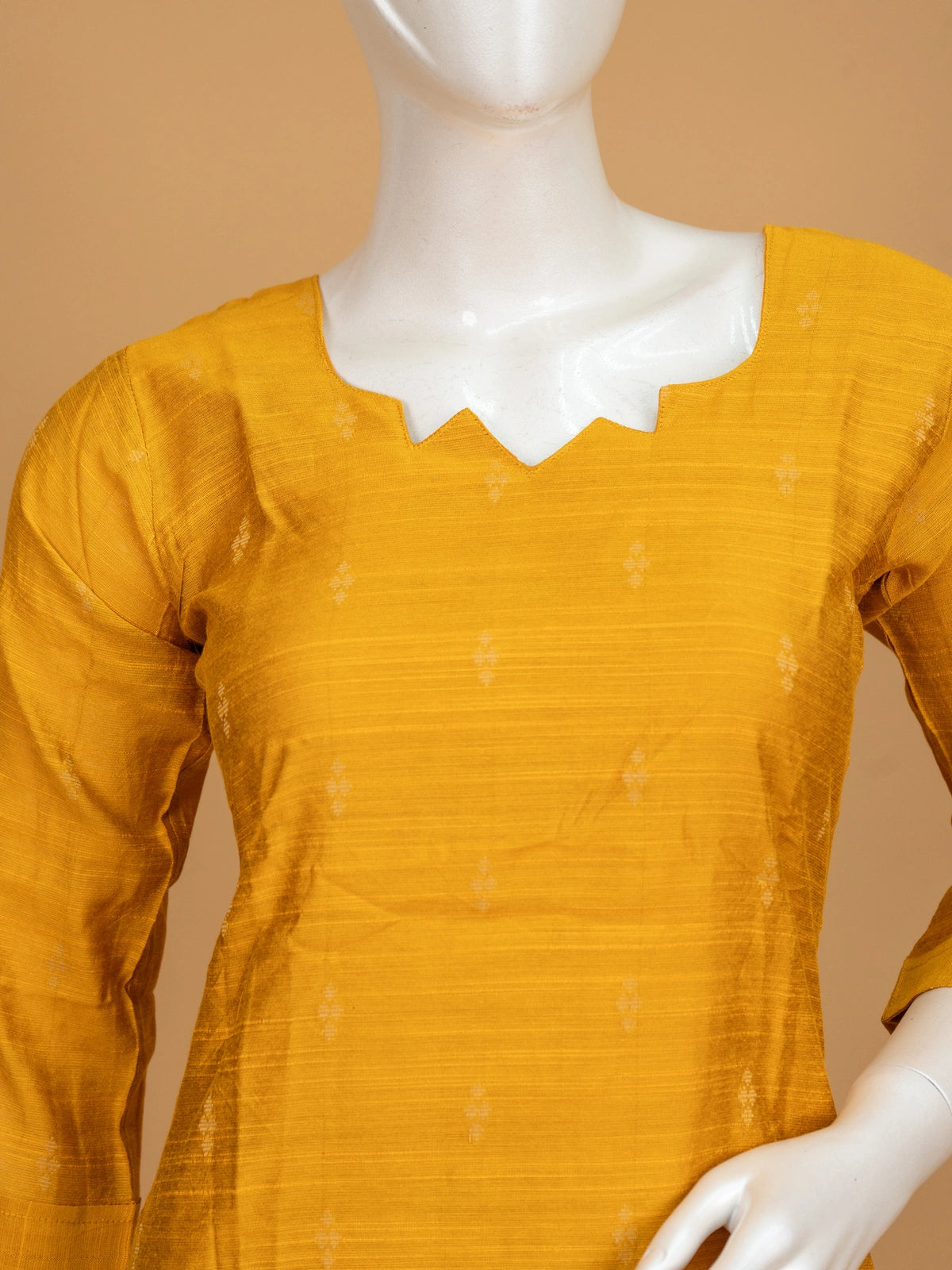 Mustard Yellow woven silk straight cut kurti set with gold zari border dupatta and beige pants