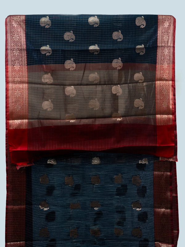Navy blue semi raw silk saree with zari checks, gold paisley butta and contrast red zari border