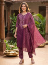 Wine Bandhani Print Cotton Straight Cut Kurti Set with Dupatta