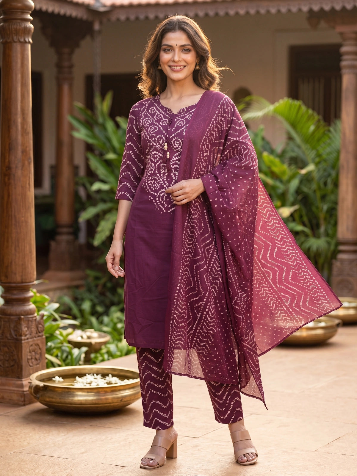 Wine and off-white Bandhani print cotton kurti set with matching pants and sheer dupatta
