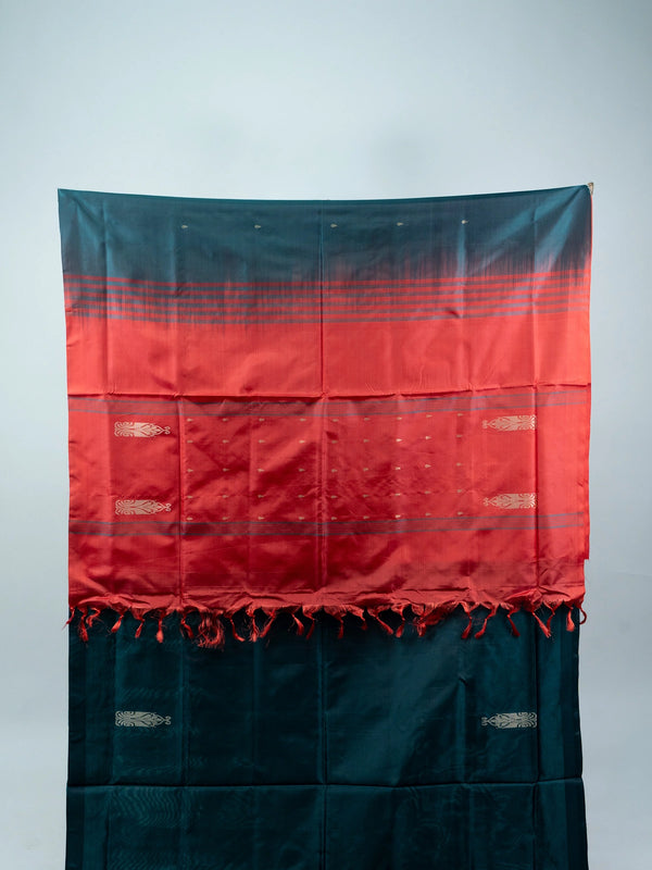 Teal green banana silk saree with gold zari buttas and contrast red striped pallu