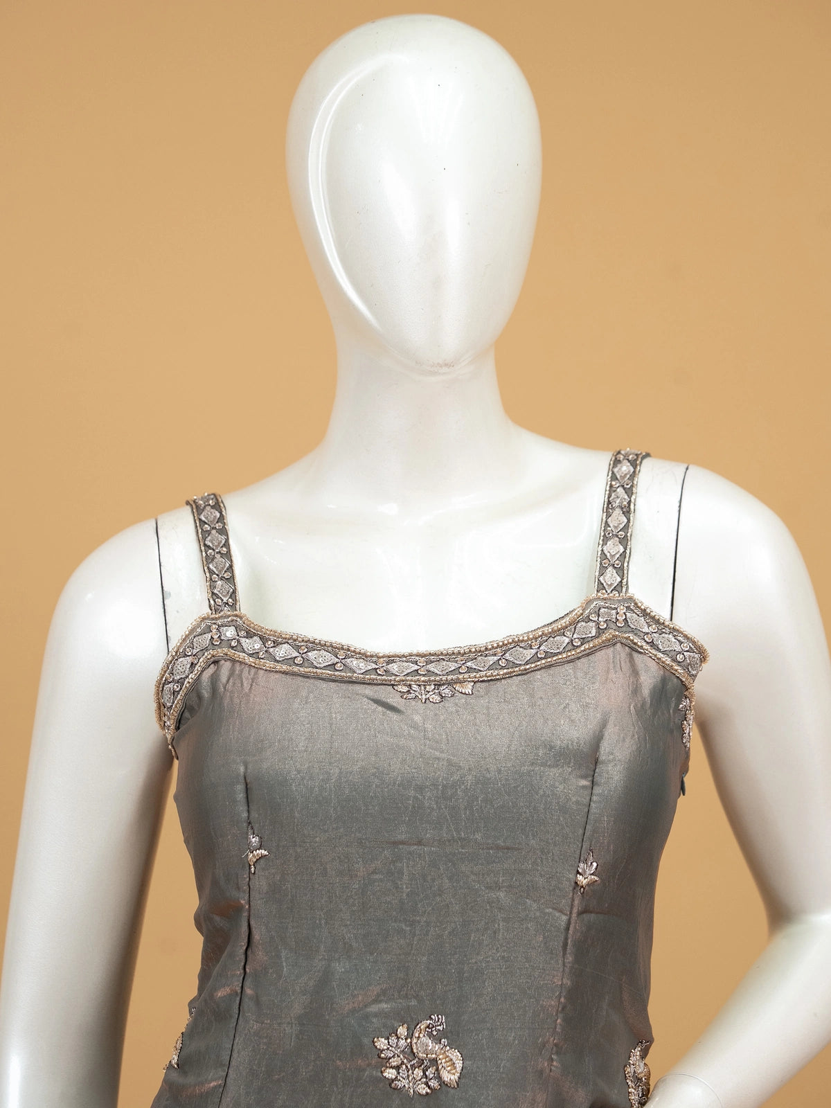 Grey tissue silk peacock embroidered straight cut kurti set with palazzo pants and shimmer dupatta
