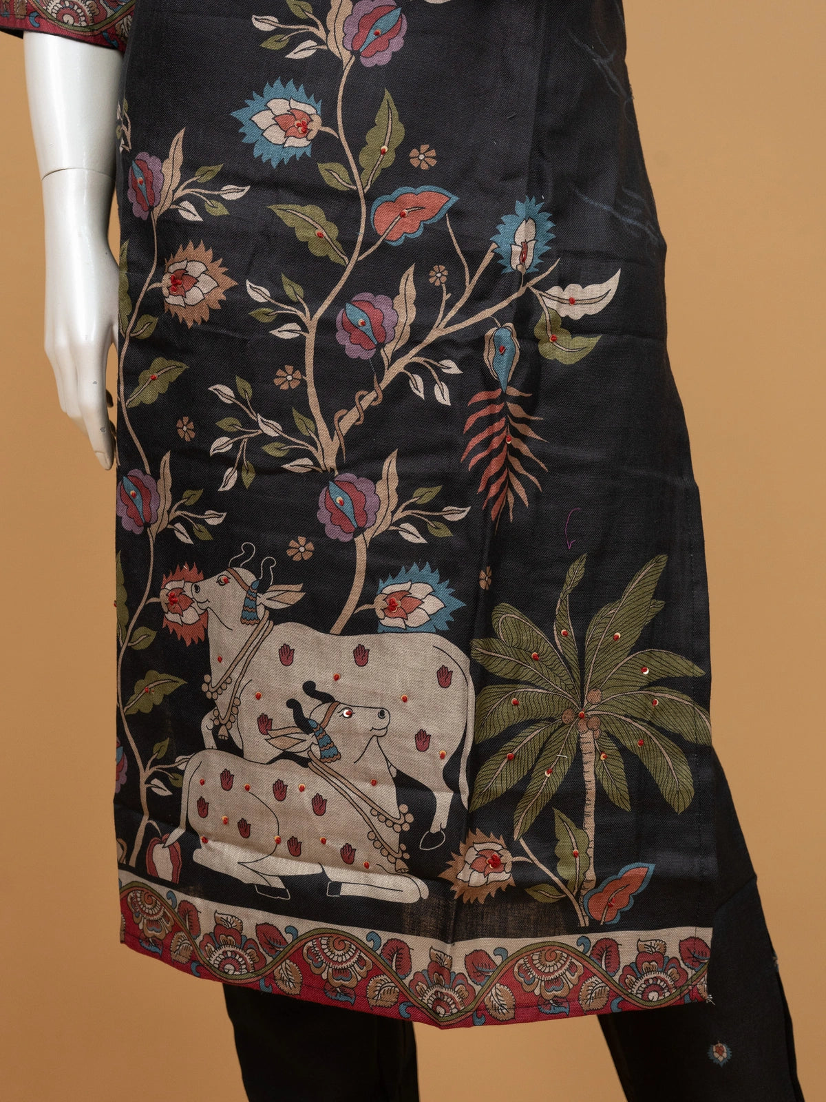Black cotton silk Pichwai printed straight cut kurti set with matching pants and Kalamkari dupatta