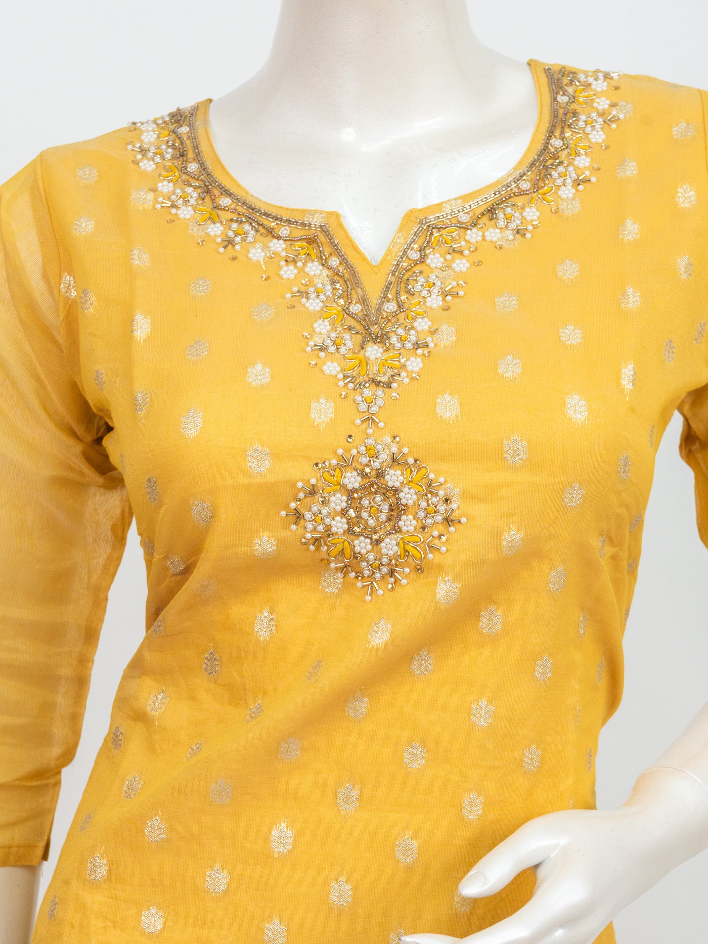 Yellow Chanderi Silk Zari Embroidered Straight Cut Kurti Set
