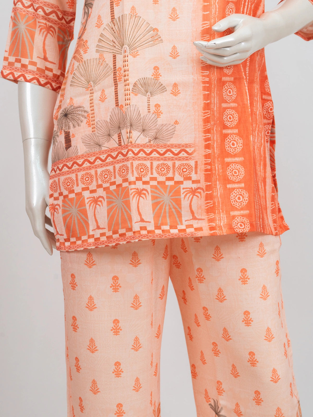 Peach and orange cotton tropical palm print co-ord set with short kurti and wide-leg pants