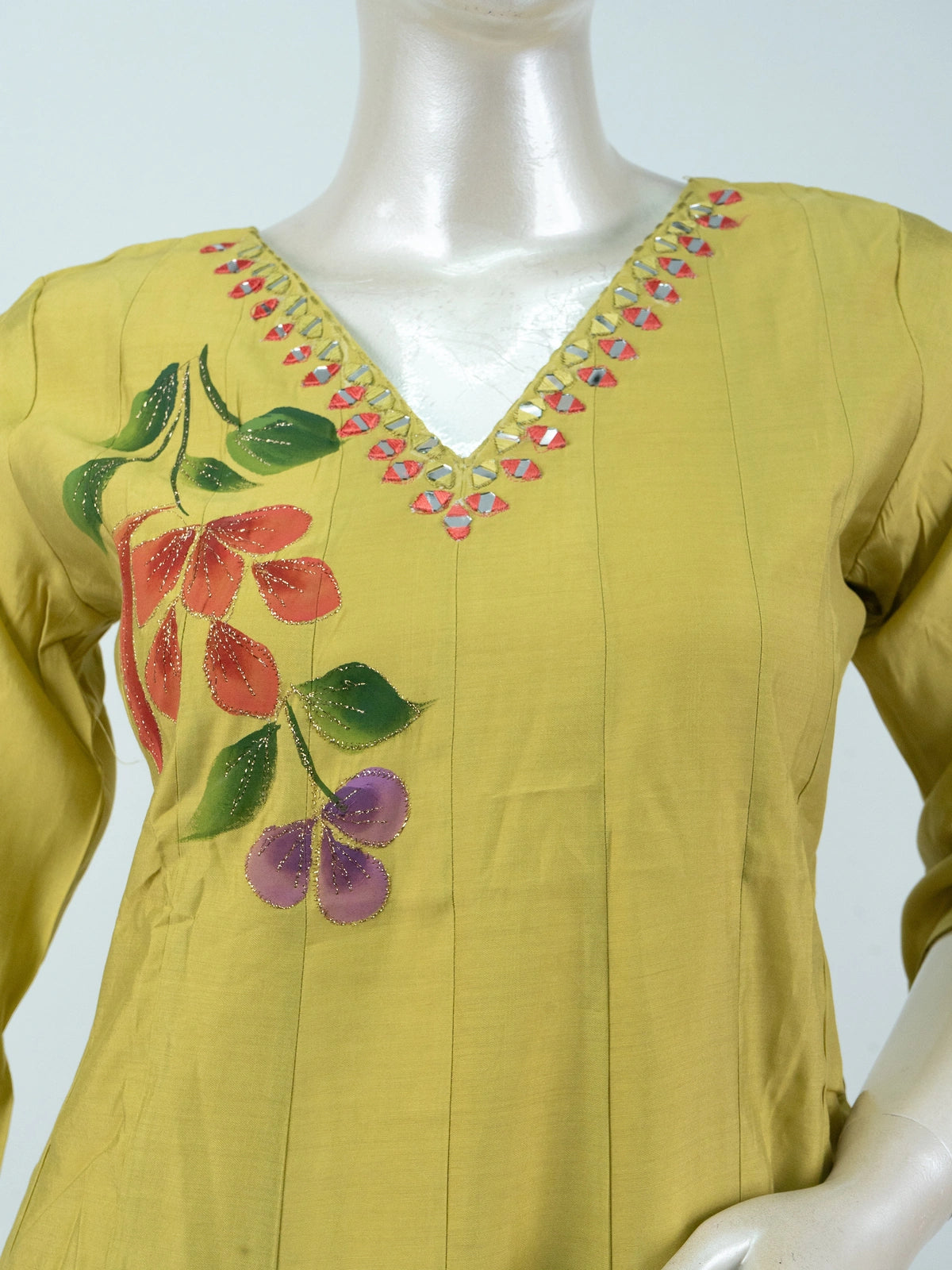 Mehndi Green hand-painted floral Anarkali kurti set with mirror work neckline and matching chiffon dupatta